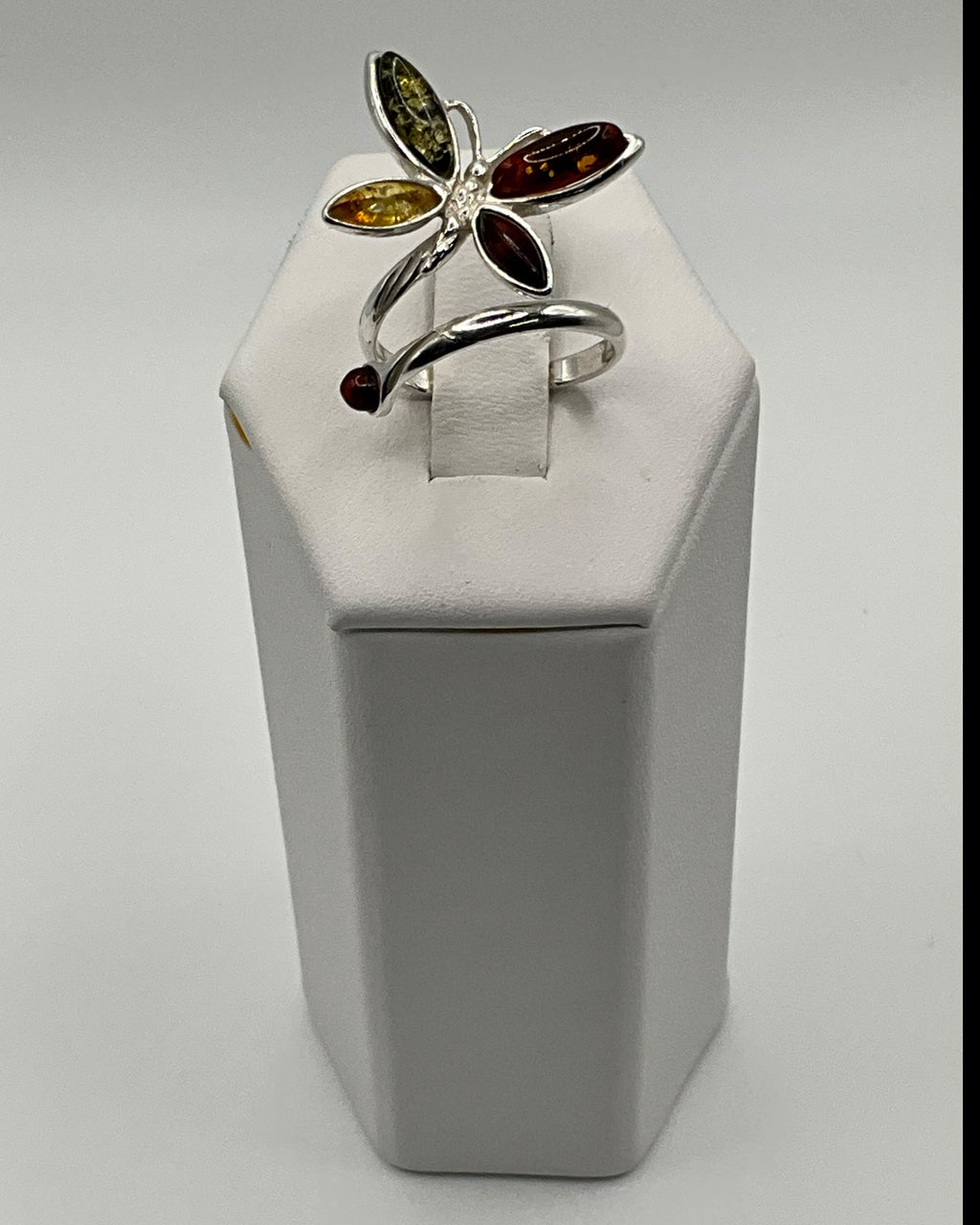 Bling Collection - Green & Cognac Amber Dragonfly Gemstone Ring (Sterling)