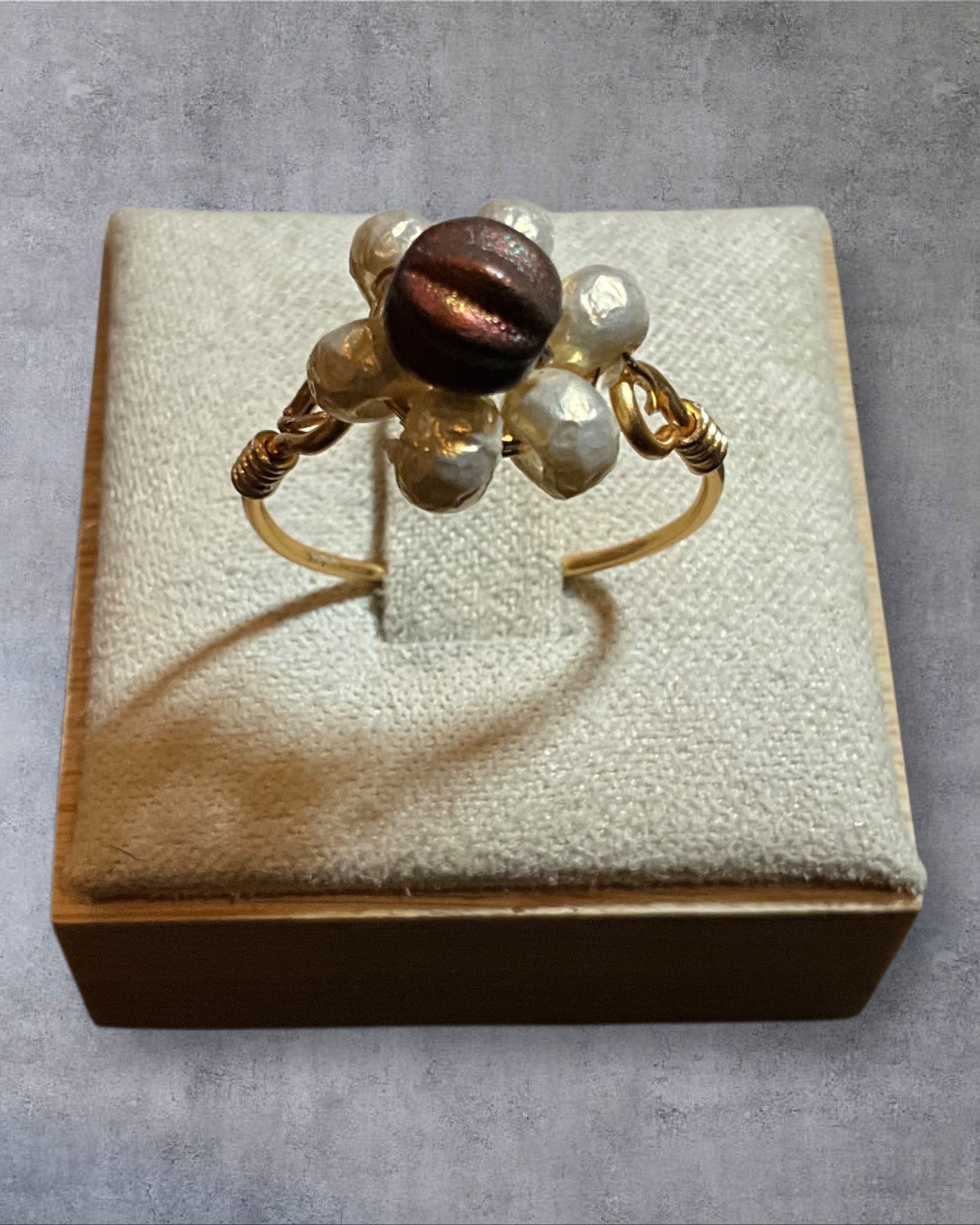 Pearl & Melon Bead Wire Wrapped Ring (Size 7)