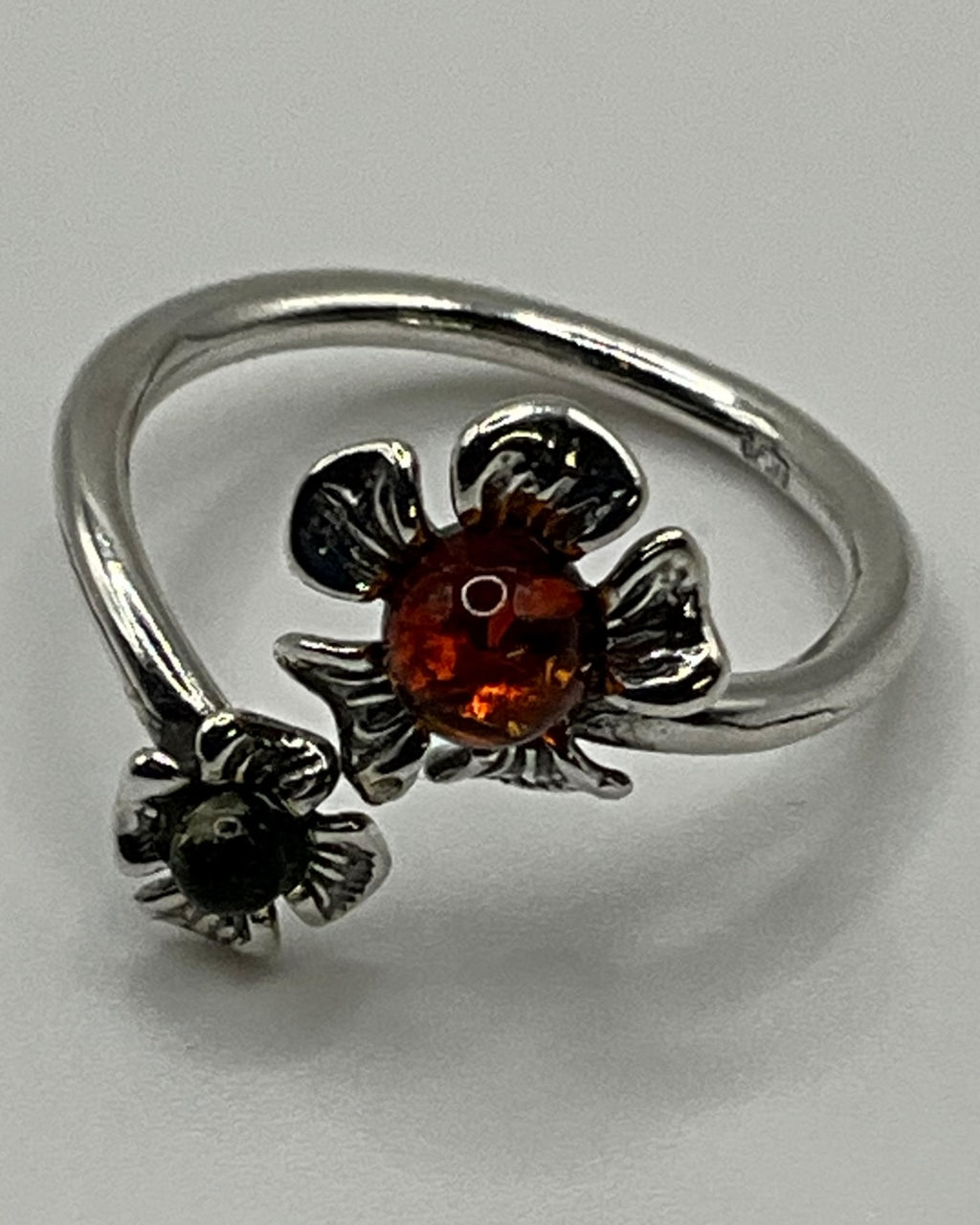 Bling Collection - Green and Cognac Amber Gemstone Ring (Sterling)