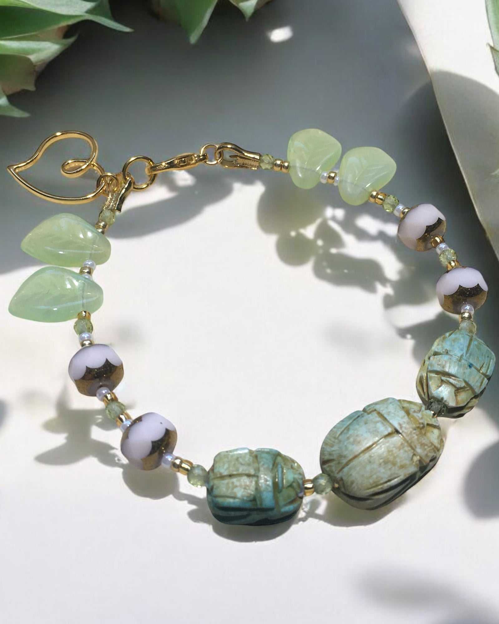 Green Czech Glass Leaf & Peach Bracelet