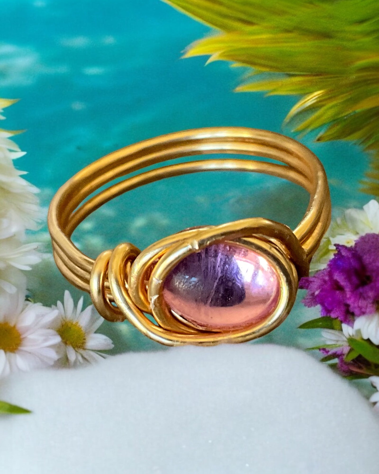 Pink Glass Cabochon Wire Wrapped Ring (Size 7)