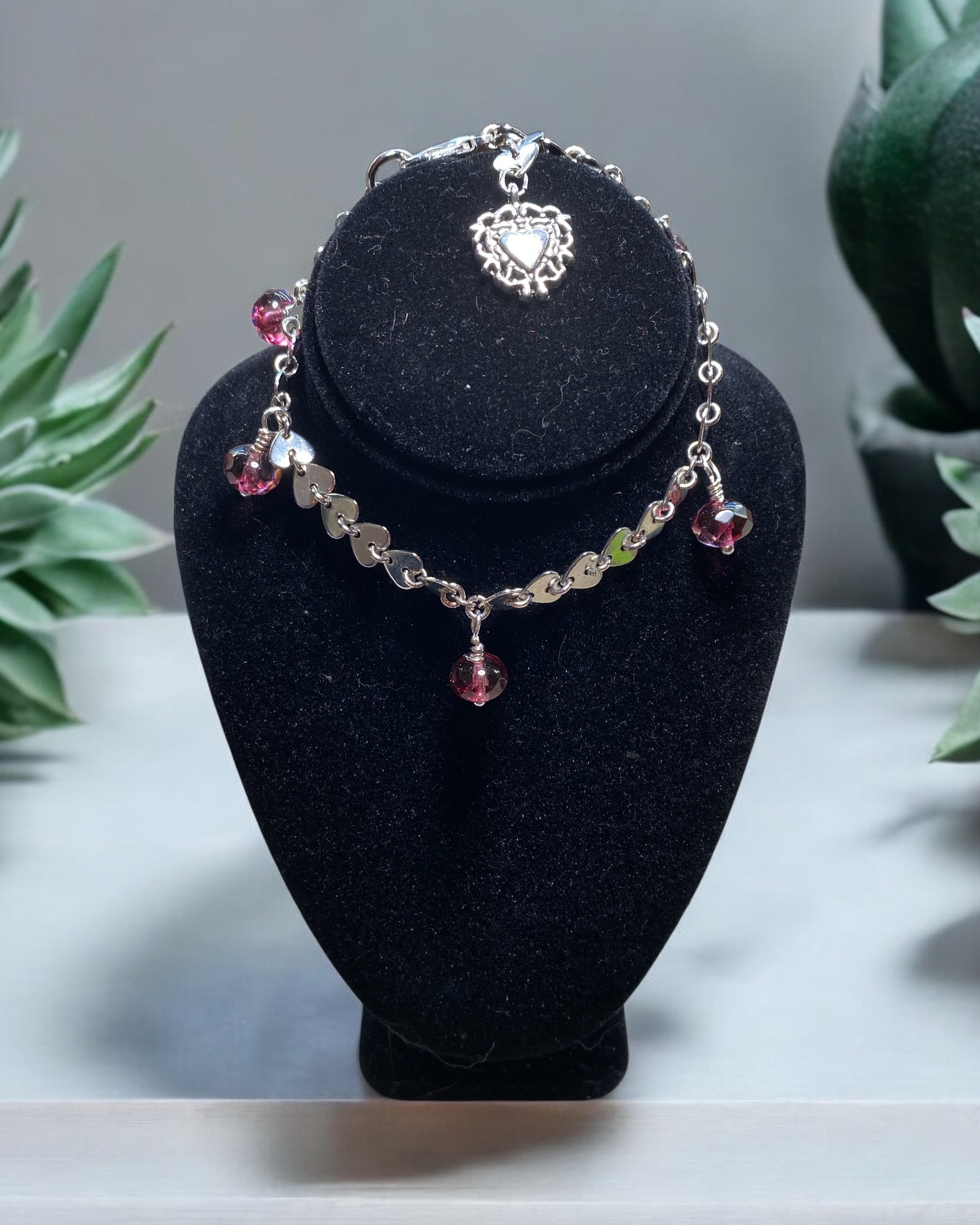 Cranberry Sea Glass & Silver Heart Dainty Bracelet