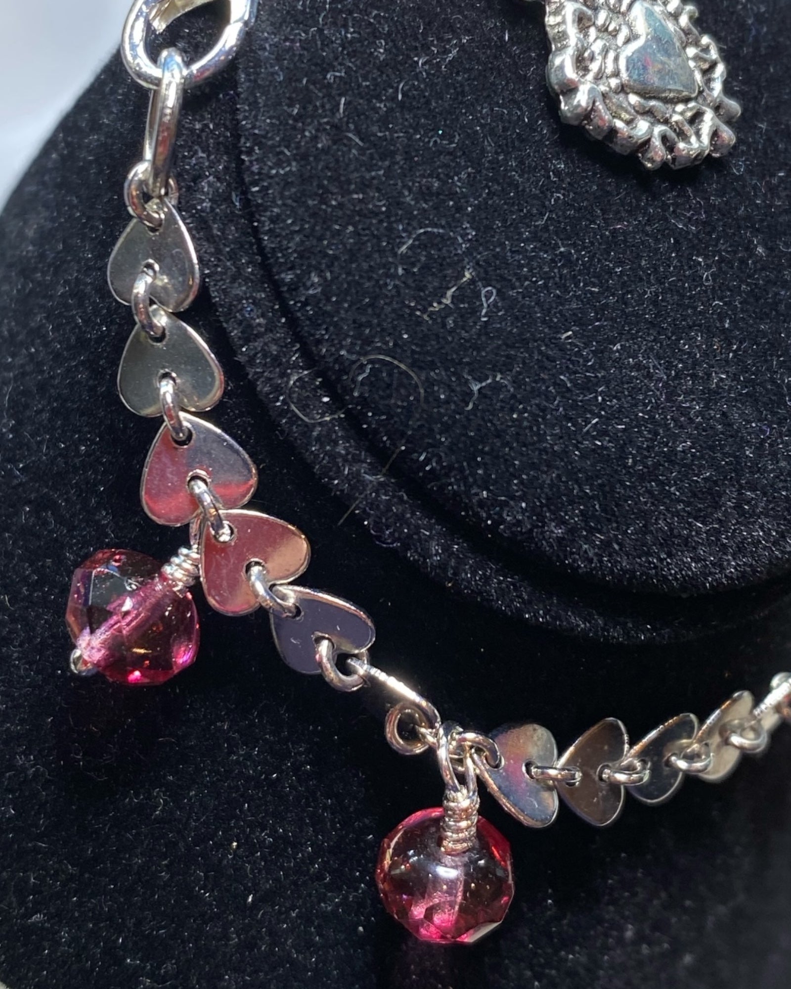 Cranberry Sea Glass & Silver Heart Dainty Bracelet