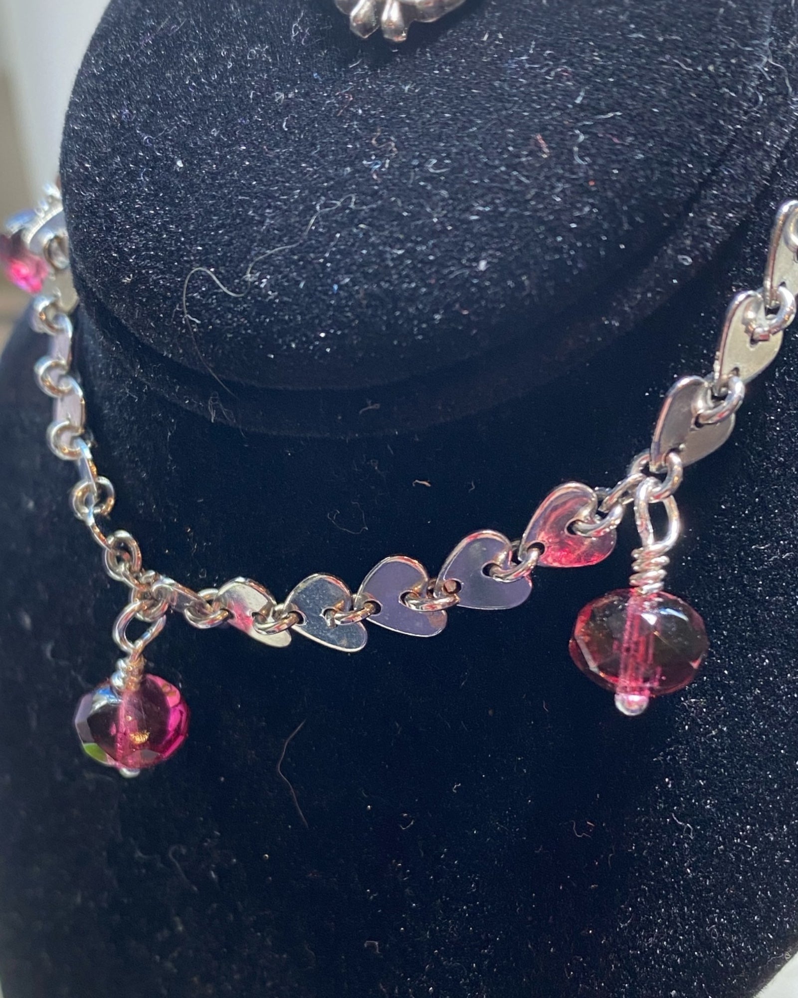 Cranberry Sea Glass & Silver Heart Dainty Bracelet