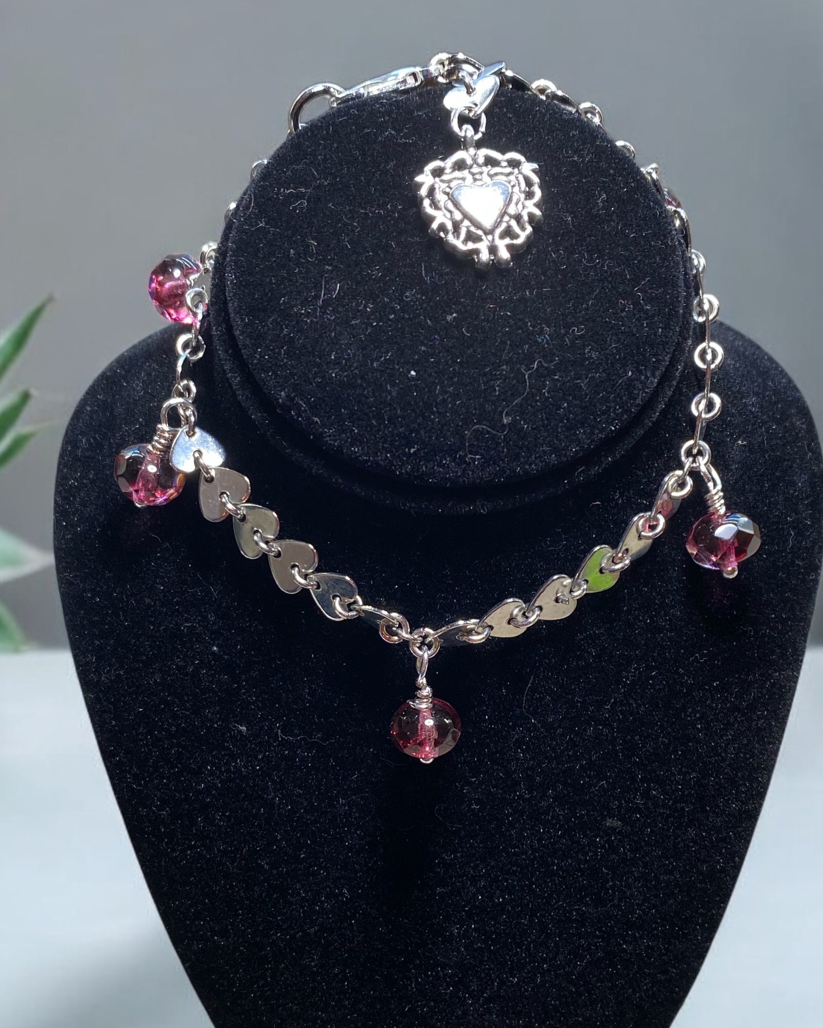 Cranberry Sea Glass & Silver Heart Dainty Bracelet