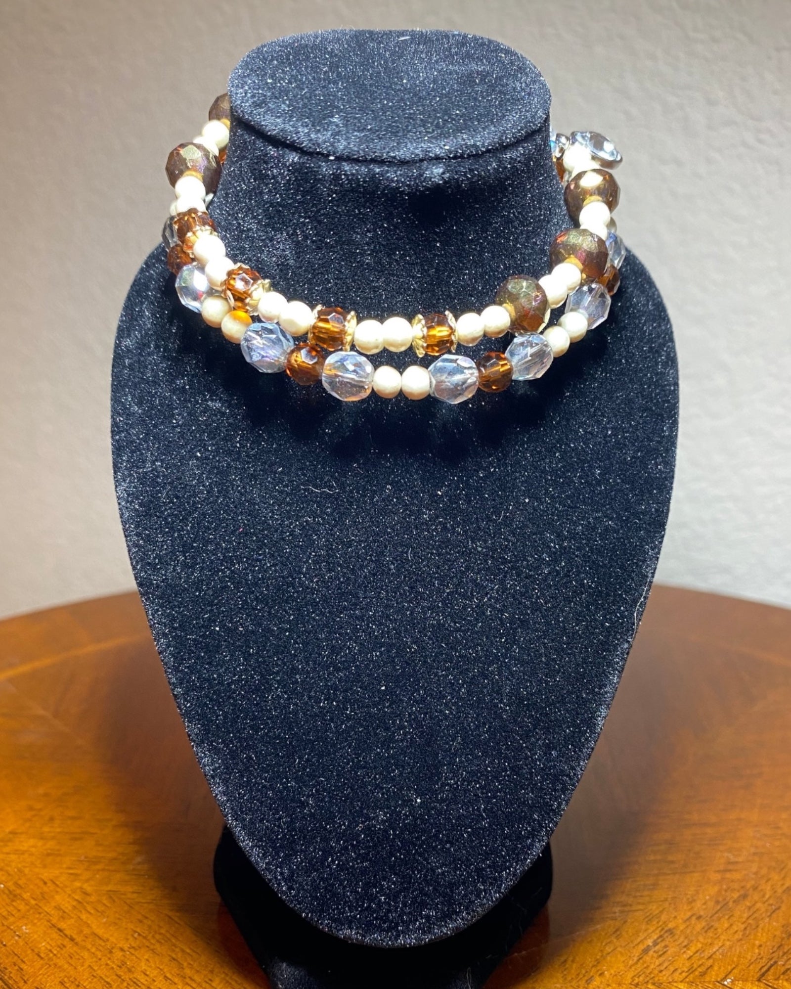 Amber Czech Glass, Magnesite & Quartz Bracelet (memory wire)