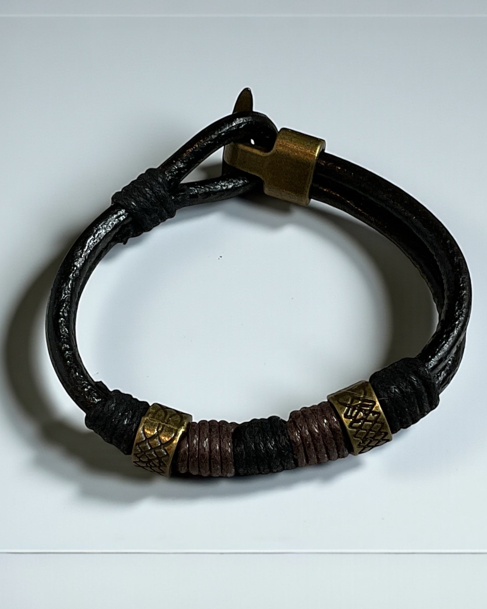 Brown & Black Leather Brass Unisex Bracelet