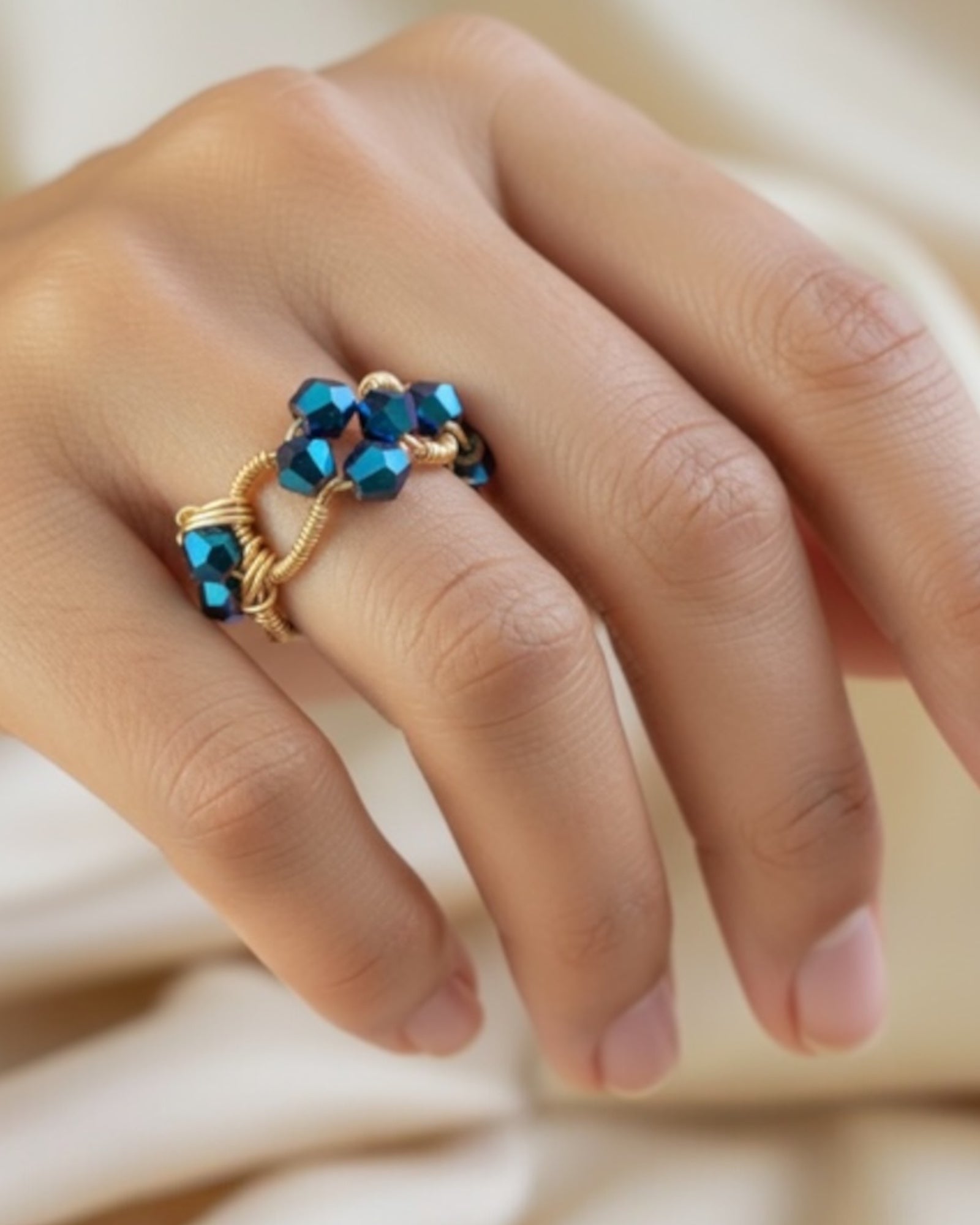 Seven Blue Crystal Woven Wire Wrapped Ring