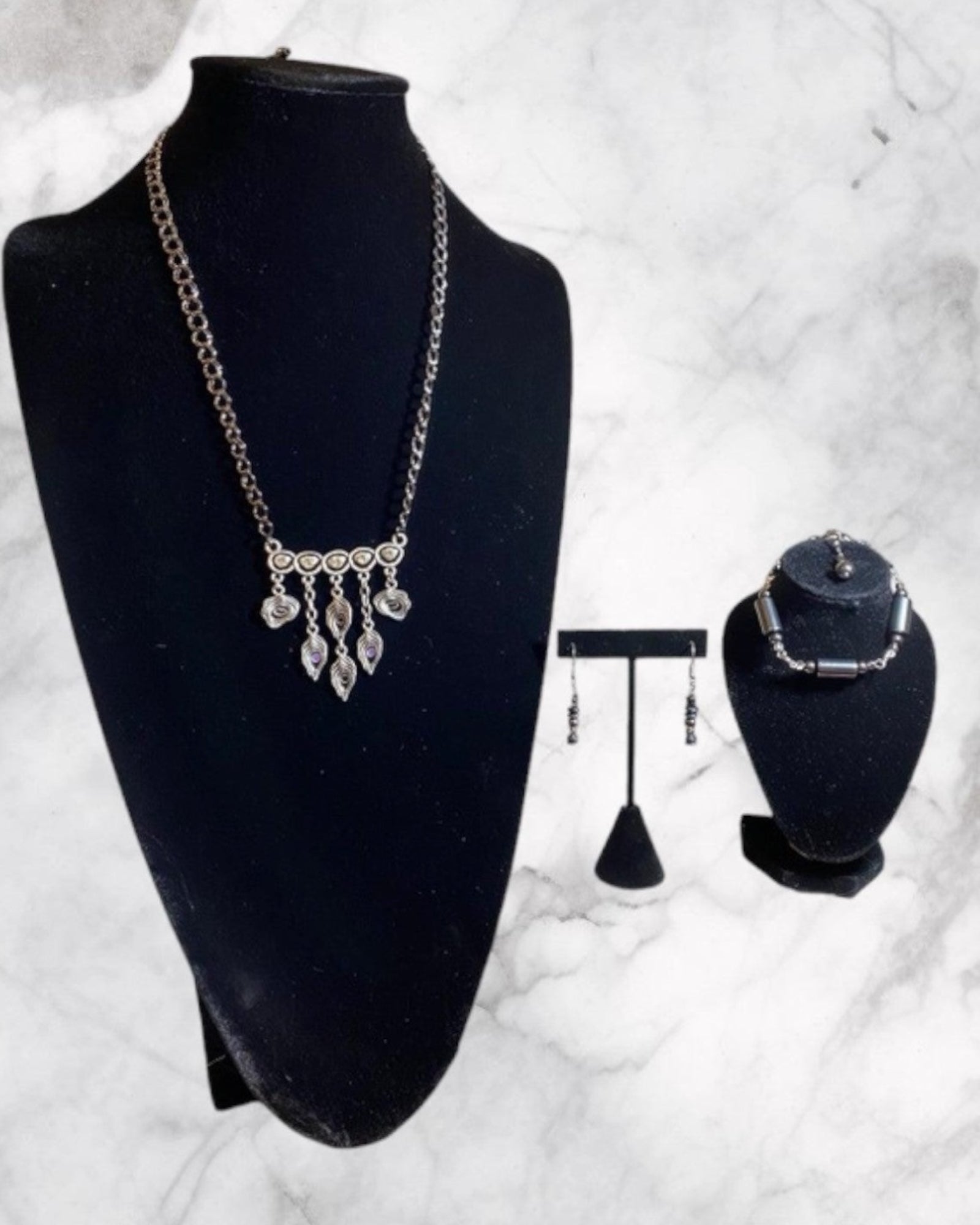 Hematite Necklace Set: Gunmetal Bracelet & Drop Earrings