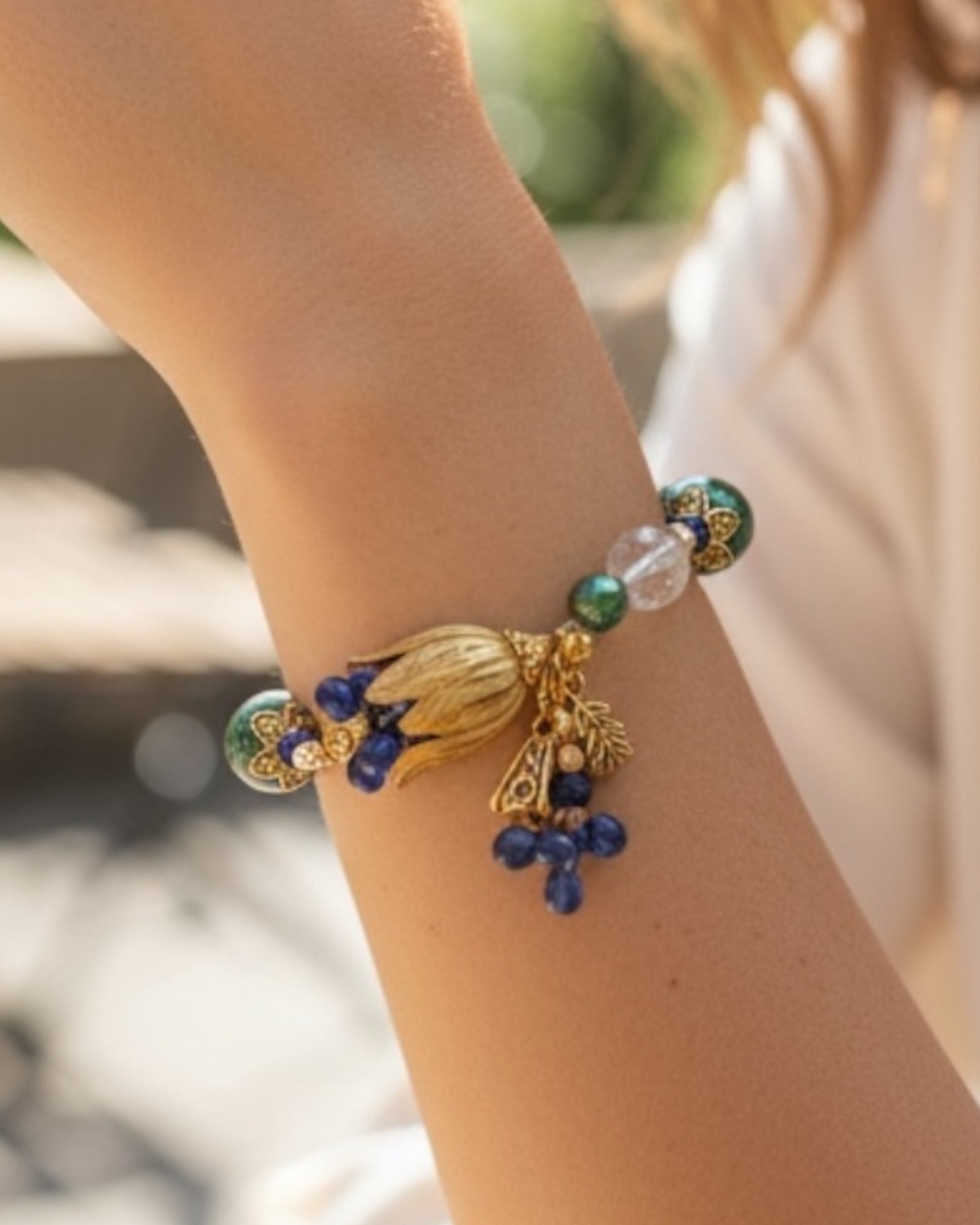 Lamp work Glass and Diopside Designer Bracelet