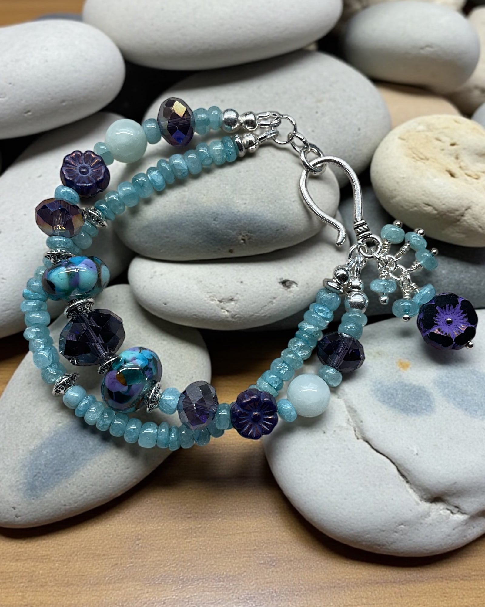 Amethyst and Aquamarine & Lamp Work Glass Designer Bracelet