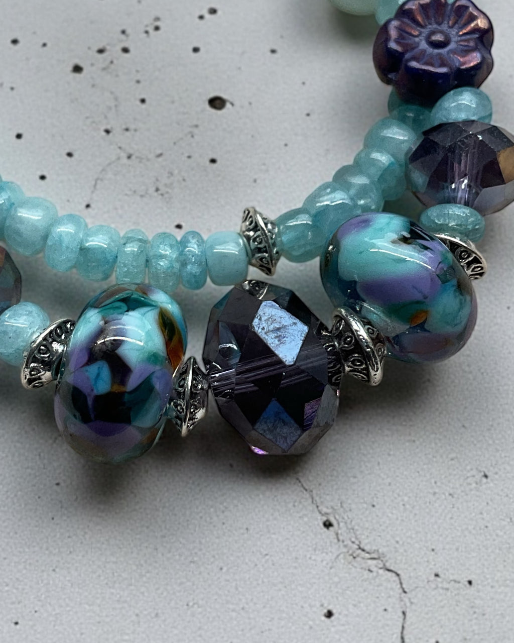 Amethyst and Aquamarine & Lamp Work Glass Designer Bracelet