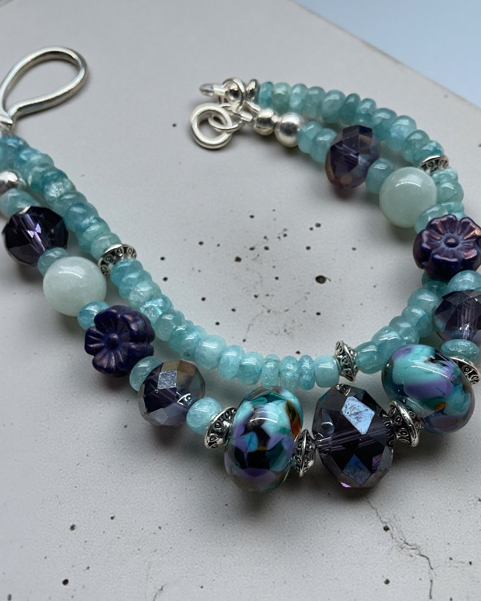 Amethyst and Aquamarine & Lamp Work Glass Designer Bracelet