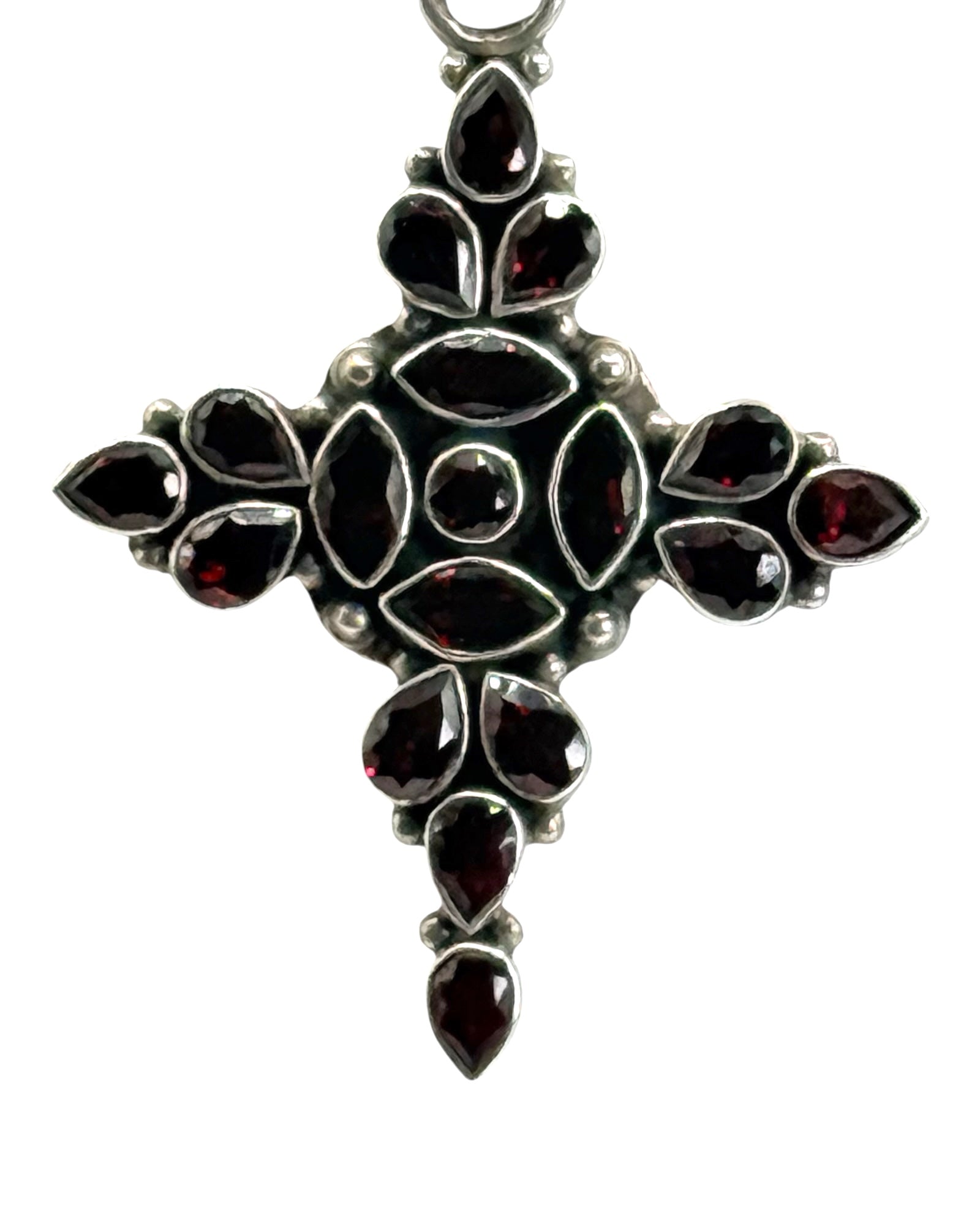 Sterling Silver 15.7 Grams Garnet Cross Pendant Necklace - Estate Sale (Great Condition)