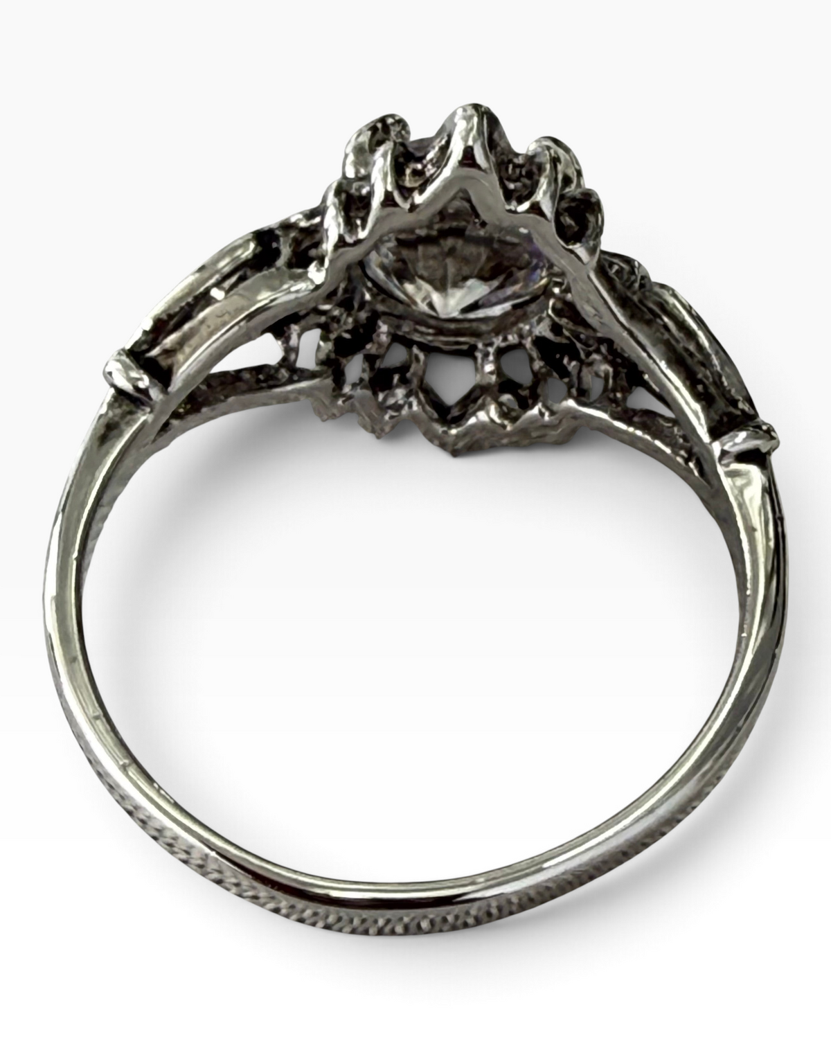Cavallaro Creations sterling silver solitaire ring with intricate filigree setting and round-cut clear stone