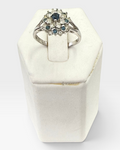 Cavallaro Creations vintage-inspired silver-tone floral cluster ring with deep blue and clear sparkling stones.