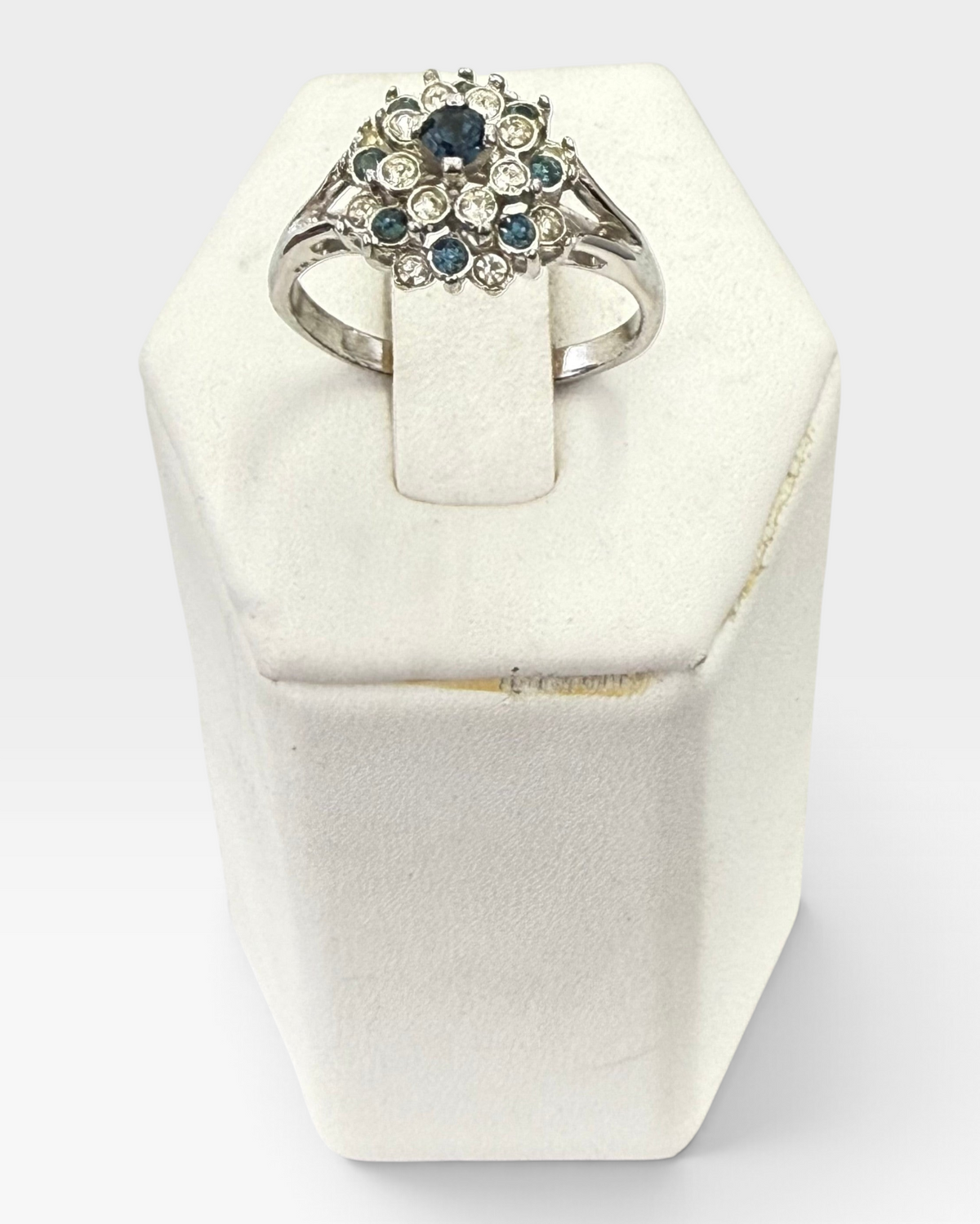 Cavallaro Creations vintage-inspired silver-tone floral cluster ring with deep blue and clear sparkling stones.