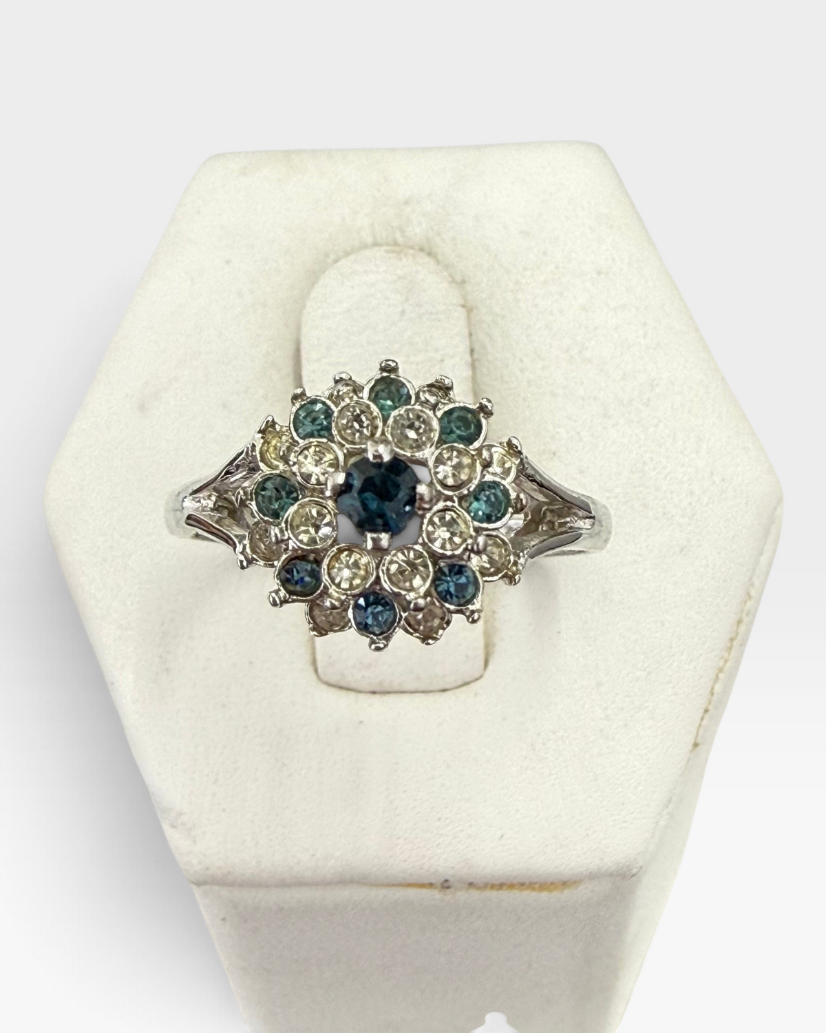 Cavallaro Creations vintage-inspired silver-tone floral cluster ring with deep blue and clear sparkling stones.
