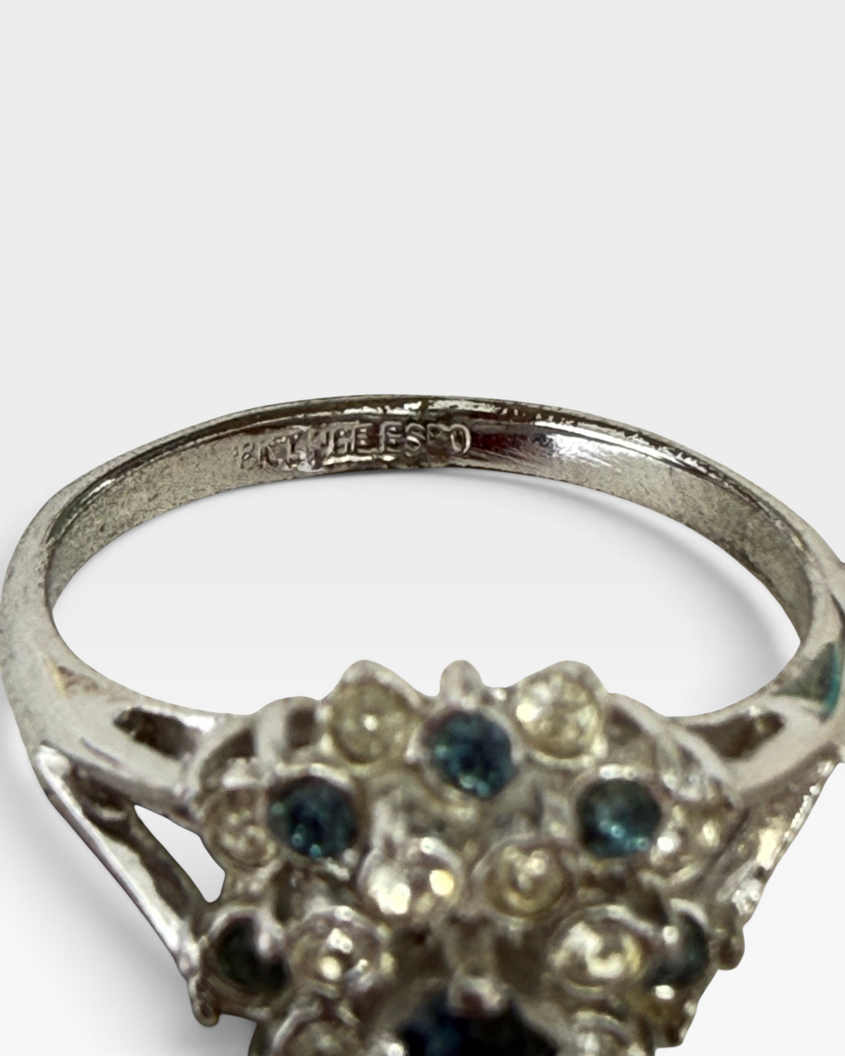 Cavallaro Creations vintage-inspired silver-tone floral cluster ring with deep blue and clear sparkling stones.