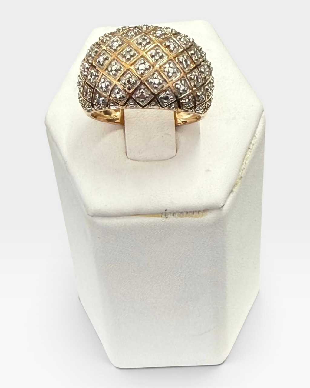 Cavallaro Creations gold dome ring with a quilted diamond lattice pattern and shimmering stone accents.
