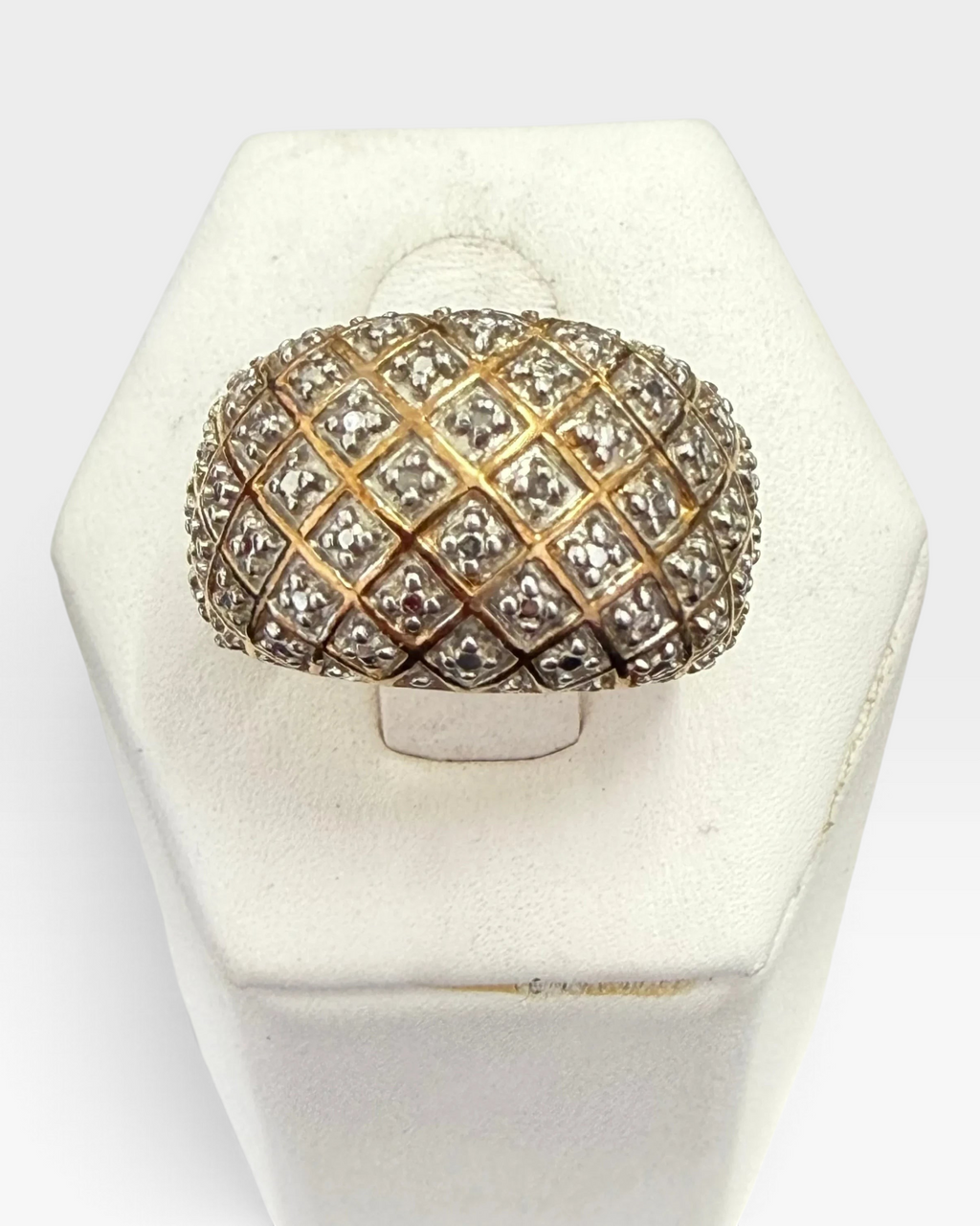 Cavallaro Creations gold-toned dome statement ring featuring a quilted lattice pattern with shimmering stone accents.