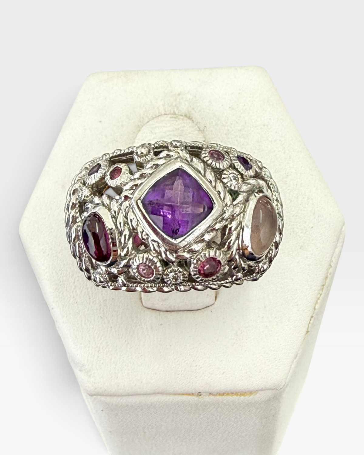 Cavallaro Creations Judith Ripka sterling silver statement ring with a cushion-cut amethyst and multi-colored gems.