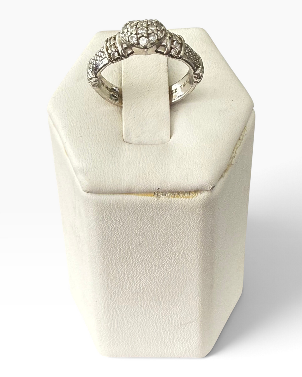 Cavallaro Creations JUDITH RIPKA sterling silver heart ring with cubic zirconia and signature textured band detail.