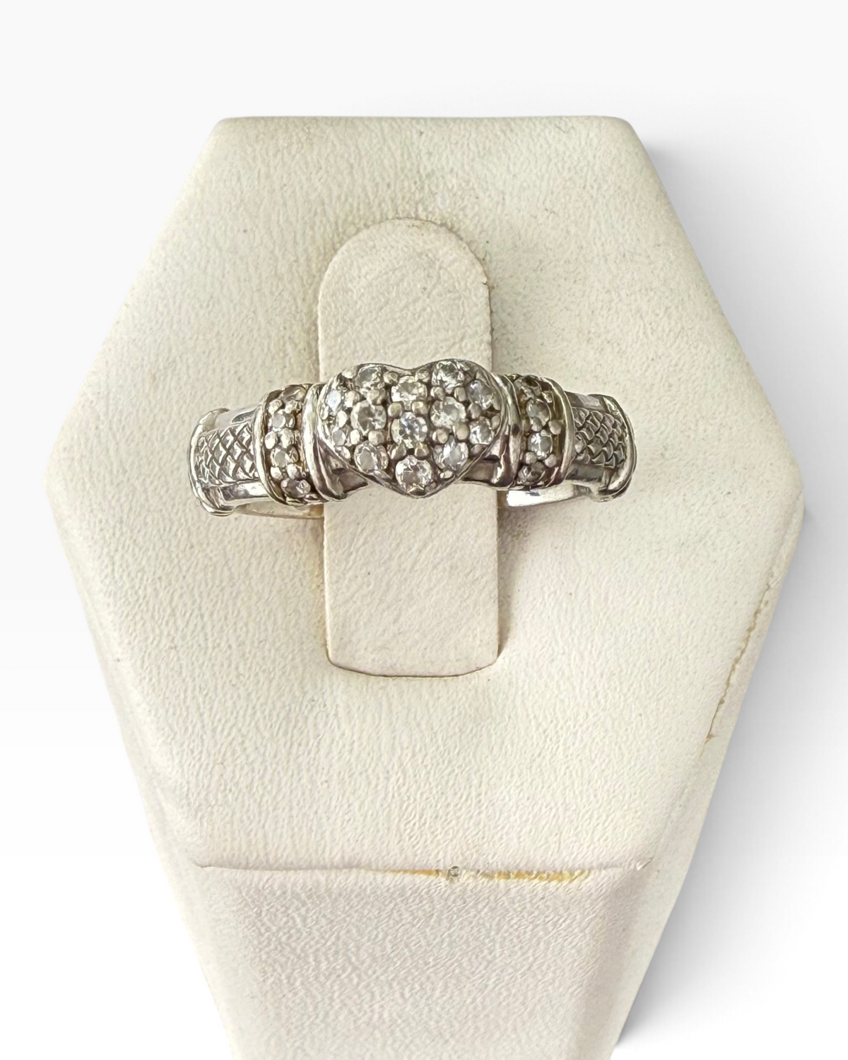 Cavallaro Creations Judith Ripka heart-shaped sterling silver ring with cubic zirconia and textured band detail.