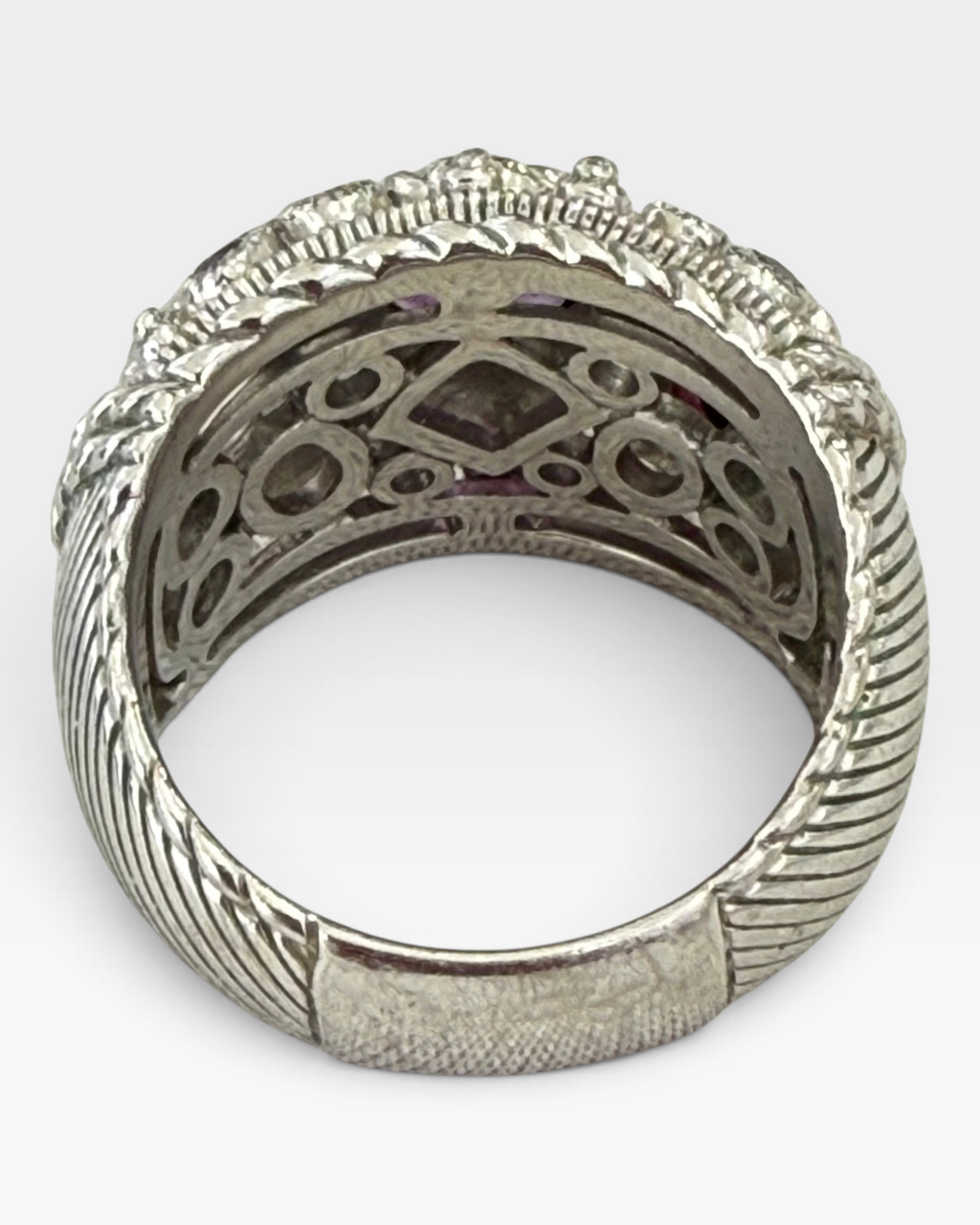 Cavallaro Creations Judith Ripka sterling silver statement ring with rope-textured band and intricate openwork detail