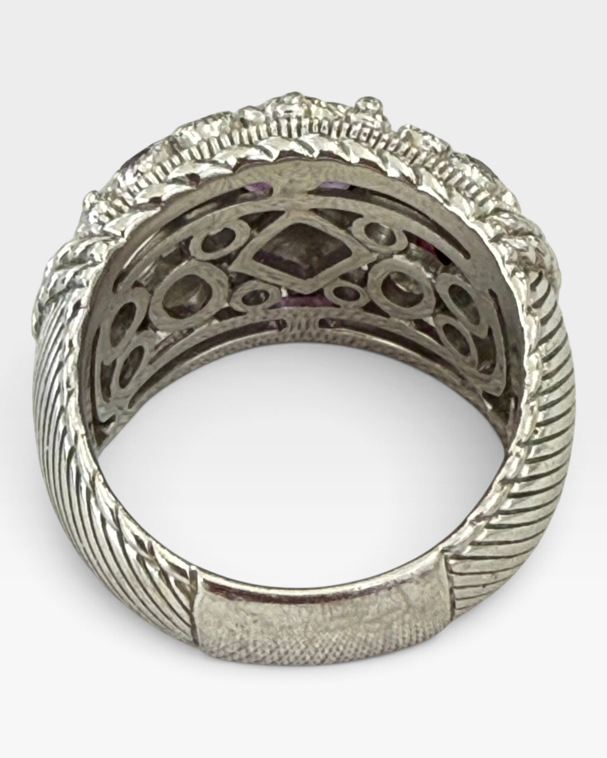Cavallaro Creations Judith Ripka sterling silver statement ring with rope-textured band and intricate openwork detail