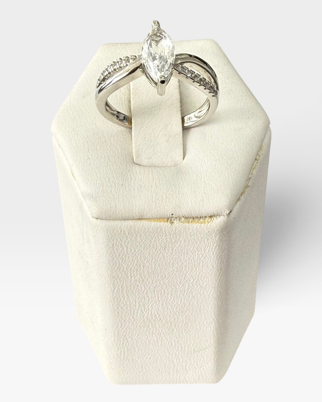 Cavallaro Creations sterling silver ring featuring a marquise-cut solitaire stone and pavé-accented split shank band.