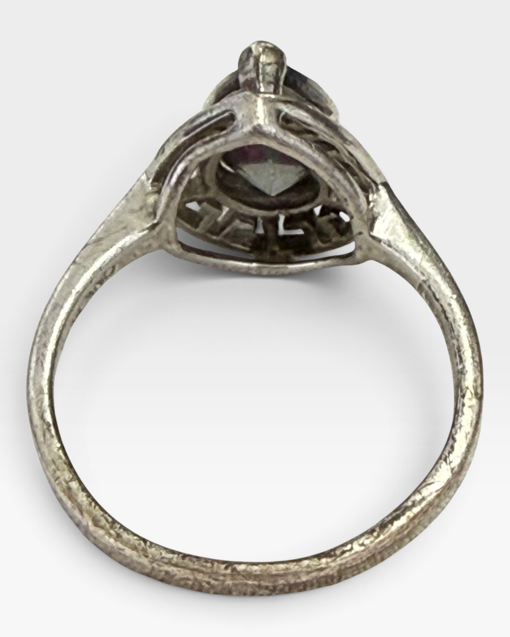 Cavallaro Creations sterling silver ring featuring a pear-cut mystic topaz with an intricate Greek key design setting.