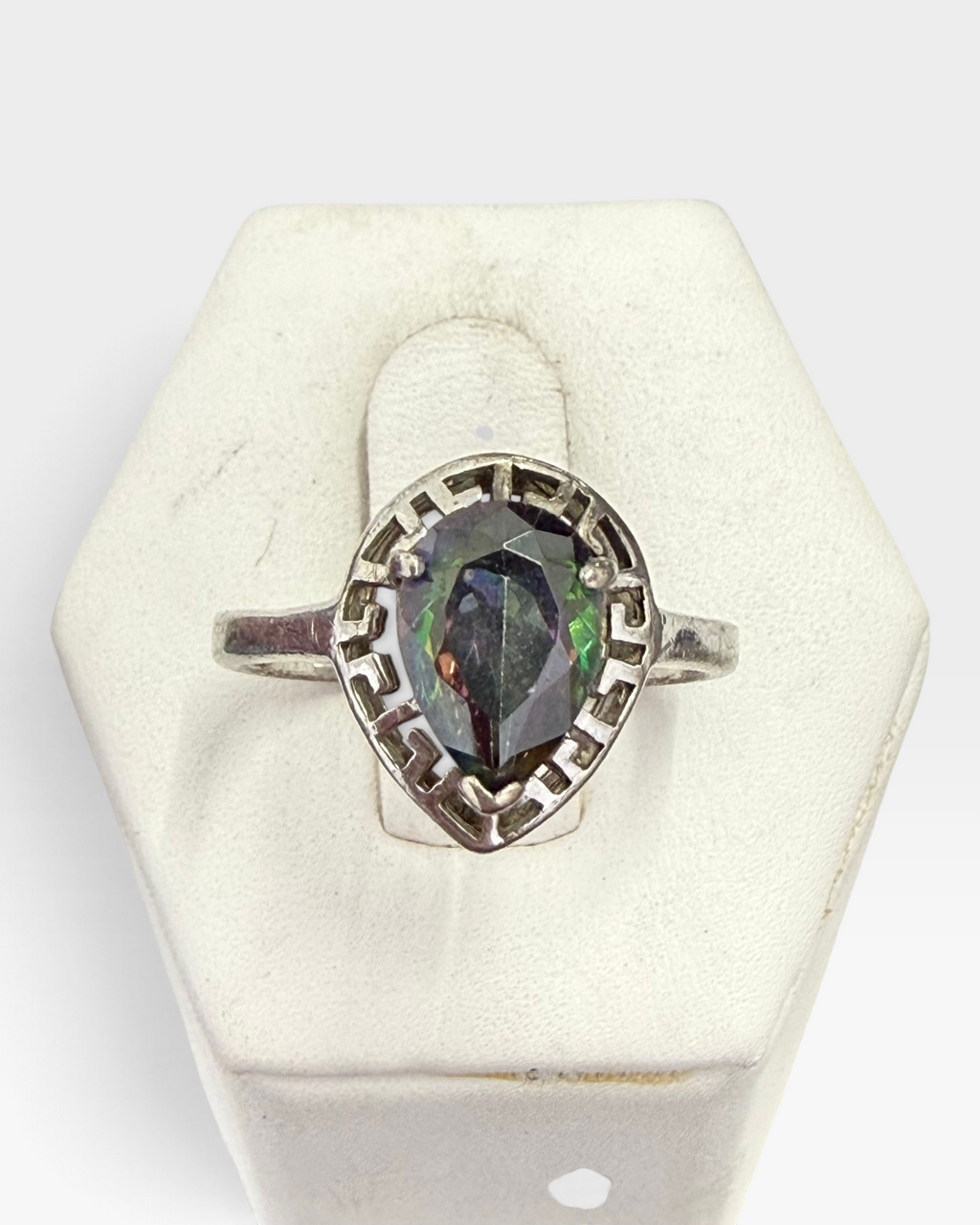 Cavallaro Creations sterling silver ring featuring a pear-cut mystic topaz gemstone with an intricate Greek key setting.