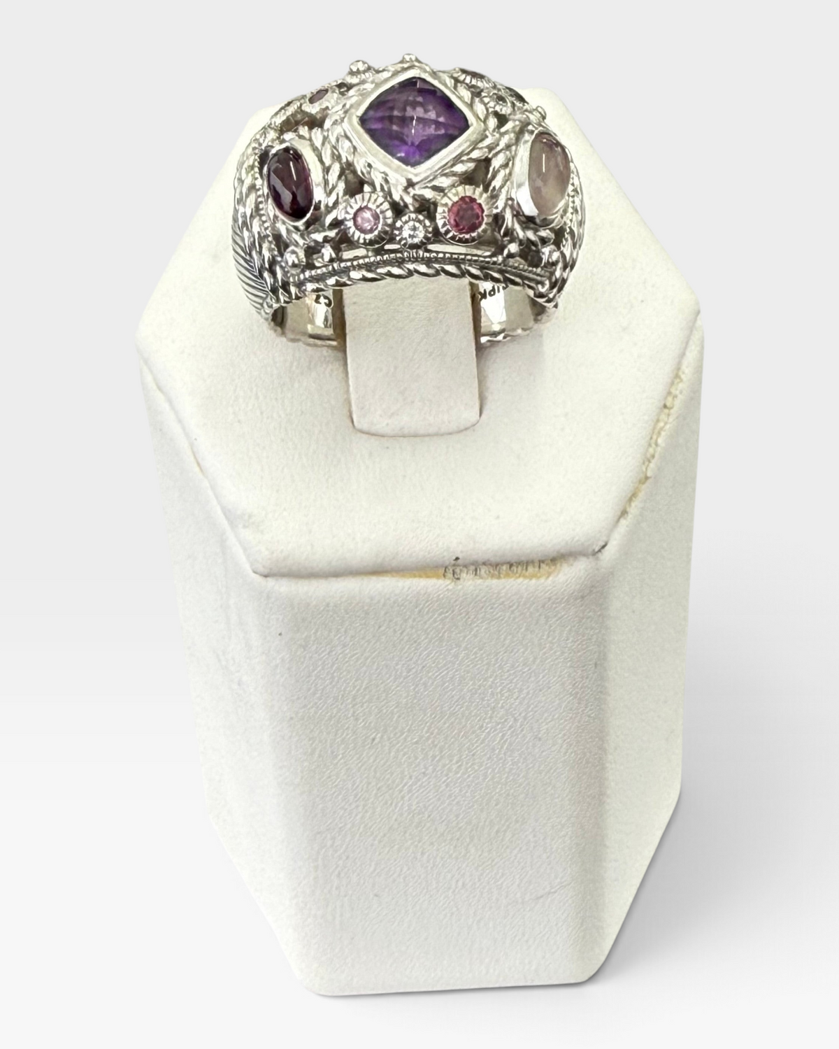 Cavallaro Creations sterling silver statement ring with a cushion-cut amethyst and multi-colored gemstone cluster.