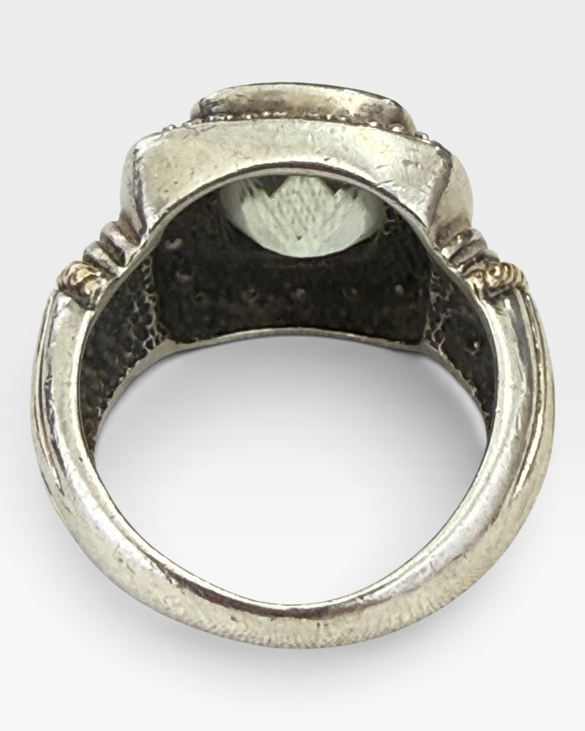 Cavallaro Creations sterling silver ring with cushion-cut aquamarine, oxidized metal, and gold-tone rope detailing.