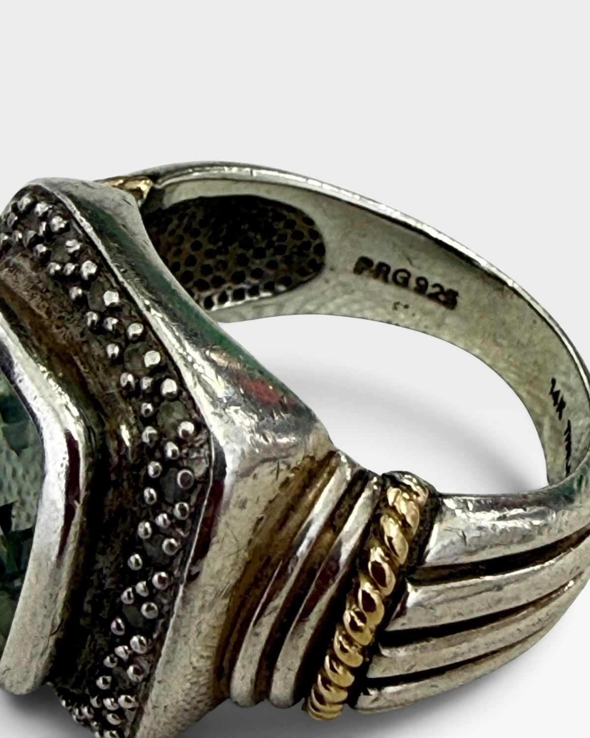 Cavallaro Creations sterling silver statement ring with cushion-cut aquamarine, beaded texture, and gold-tone rope detail