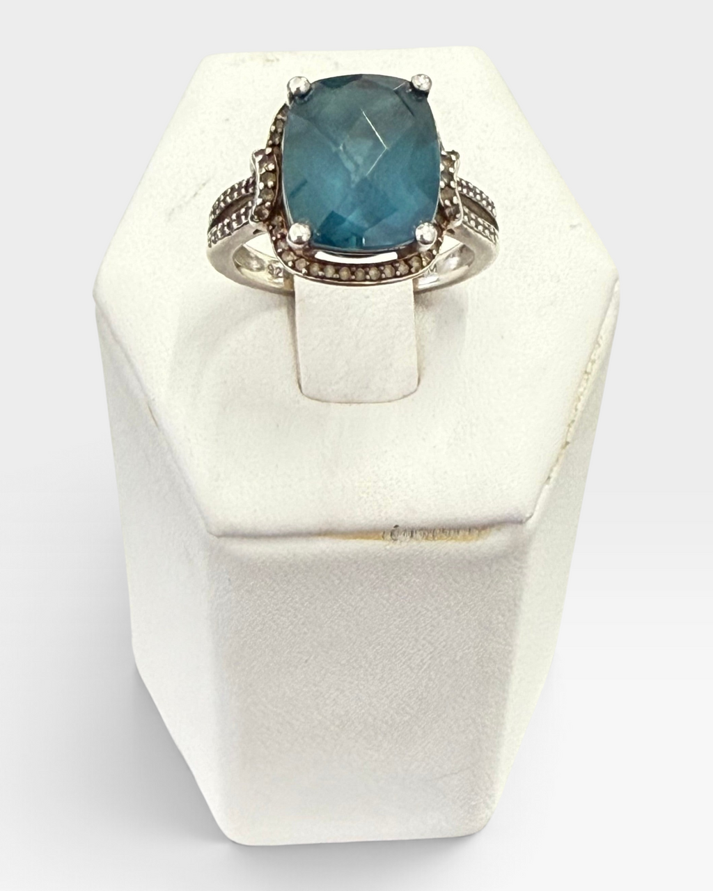 Cavallaro Creations sterling silver statement ring featuring a cushion-cut blue stone and intricate beaded band detail.
