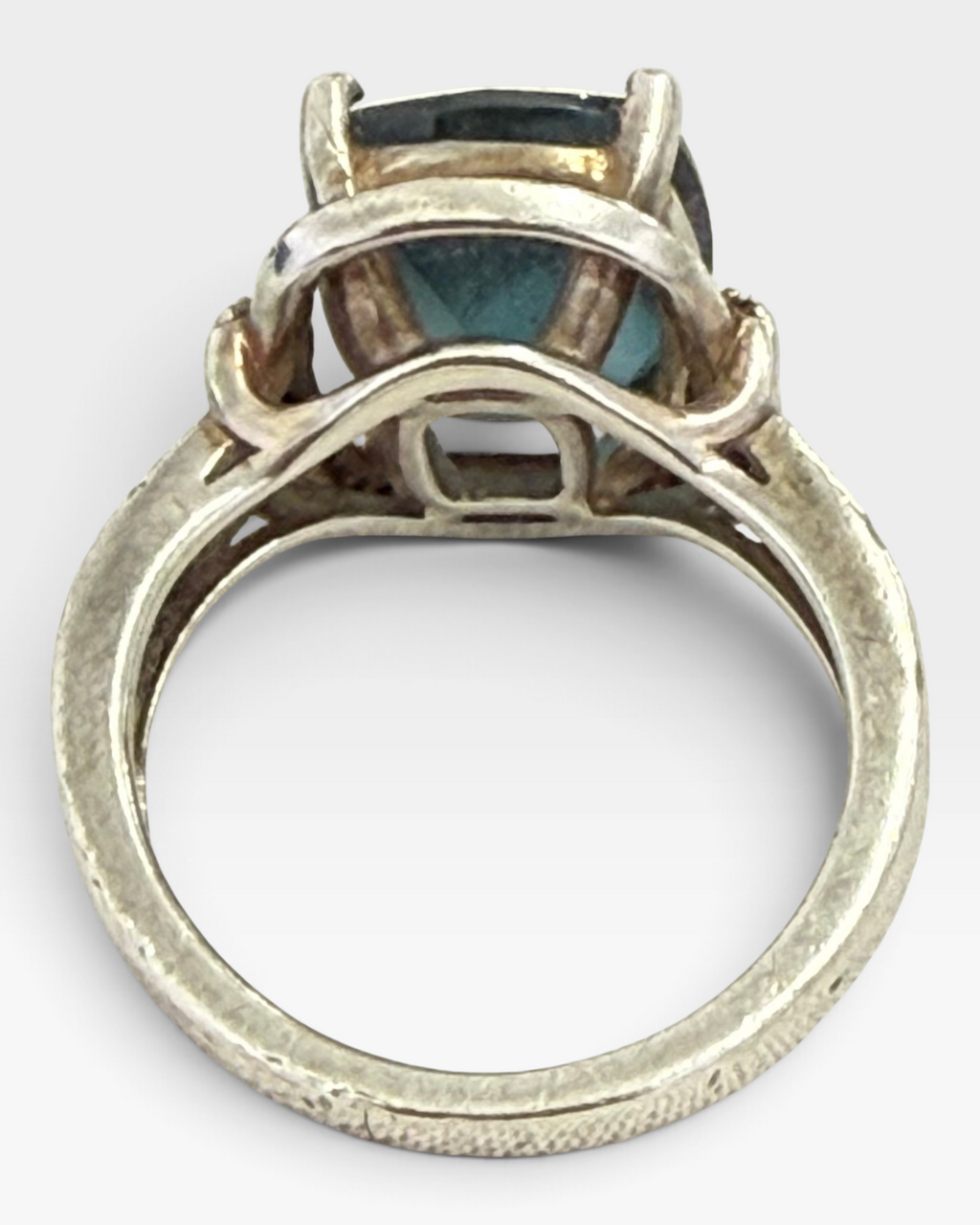 Cavallaro Creations sterling silver statement ring featuring a cushion-cut blue stone and intricate beaded band detail.