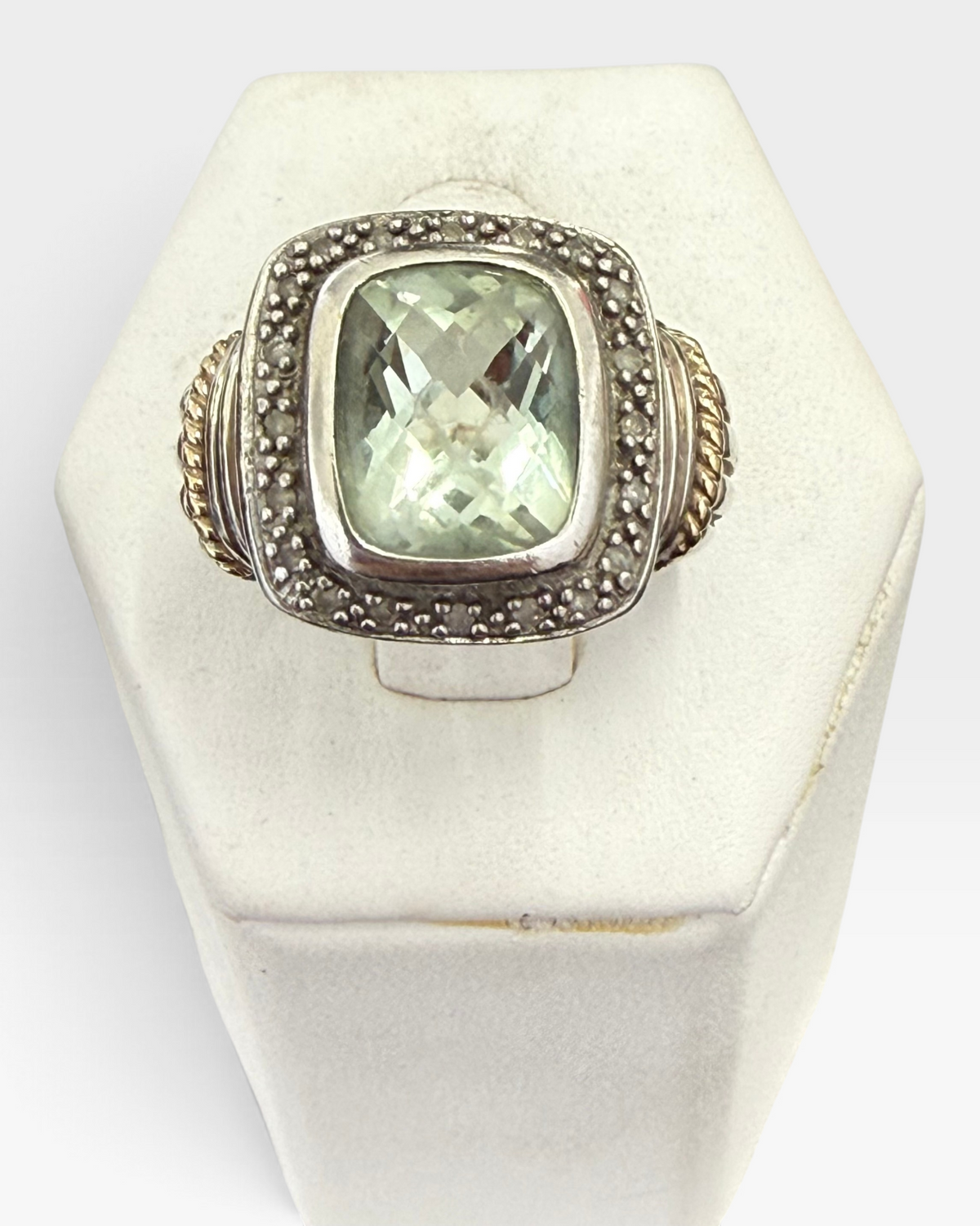 Cavallaro Creations sterling silver statement ring featuring a cushion-cut light green gemstone and beaded detailing.