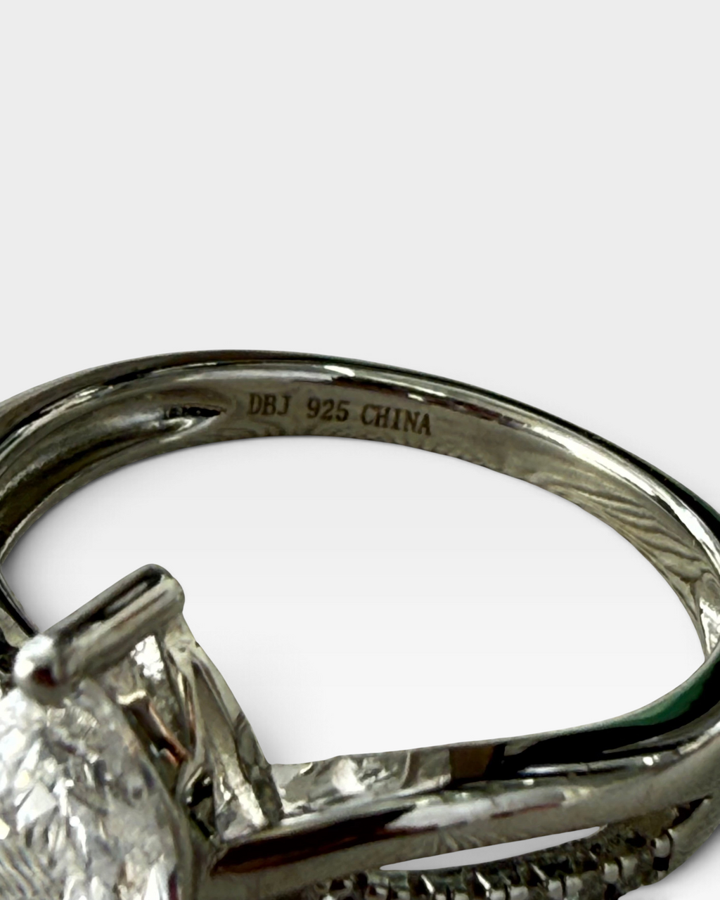 Cavallaro Creations sterling silver marquise ring showing 925 hallmark engraving on the inner band