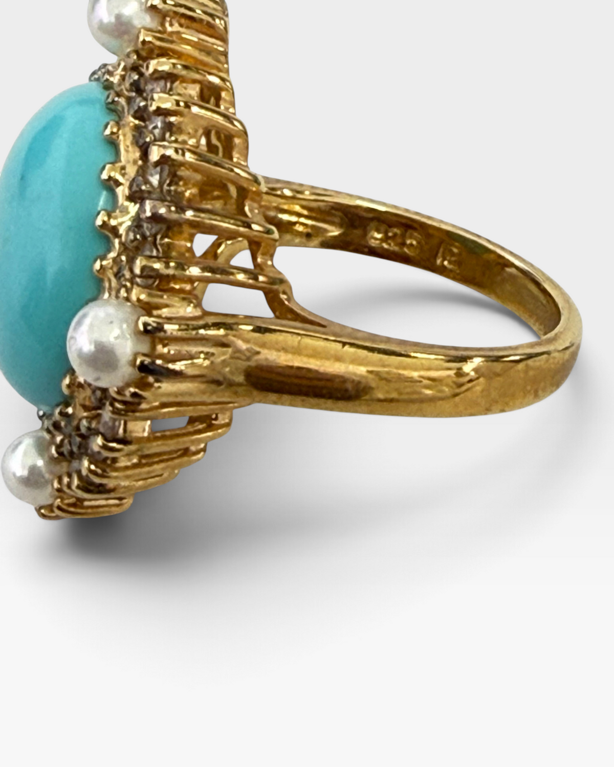 Cavallaro Creations vintage-inspired gold-tone ring featuring a turquoise cabochon, accent stones, and lustrous pearls.