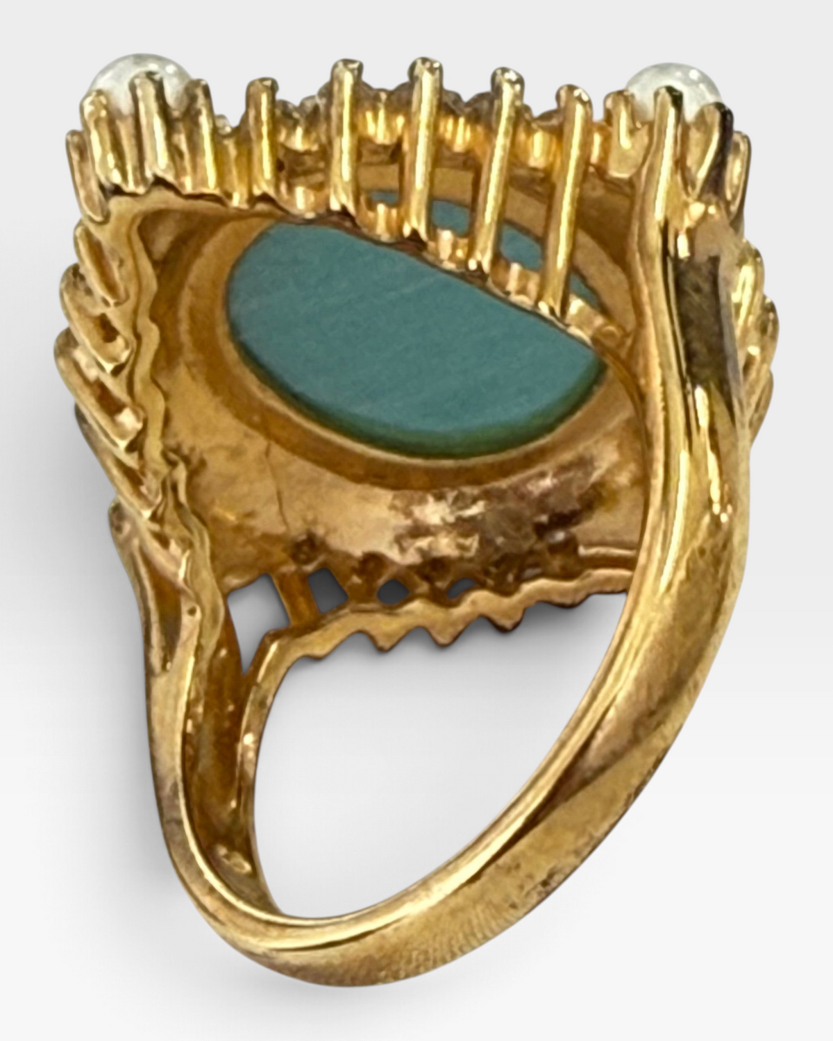 Cavallaro Creations vintage-inspired gold-tone statement ring featuring a turquoise cabochon and pearl accents.