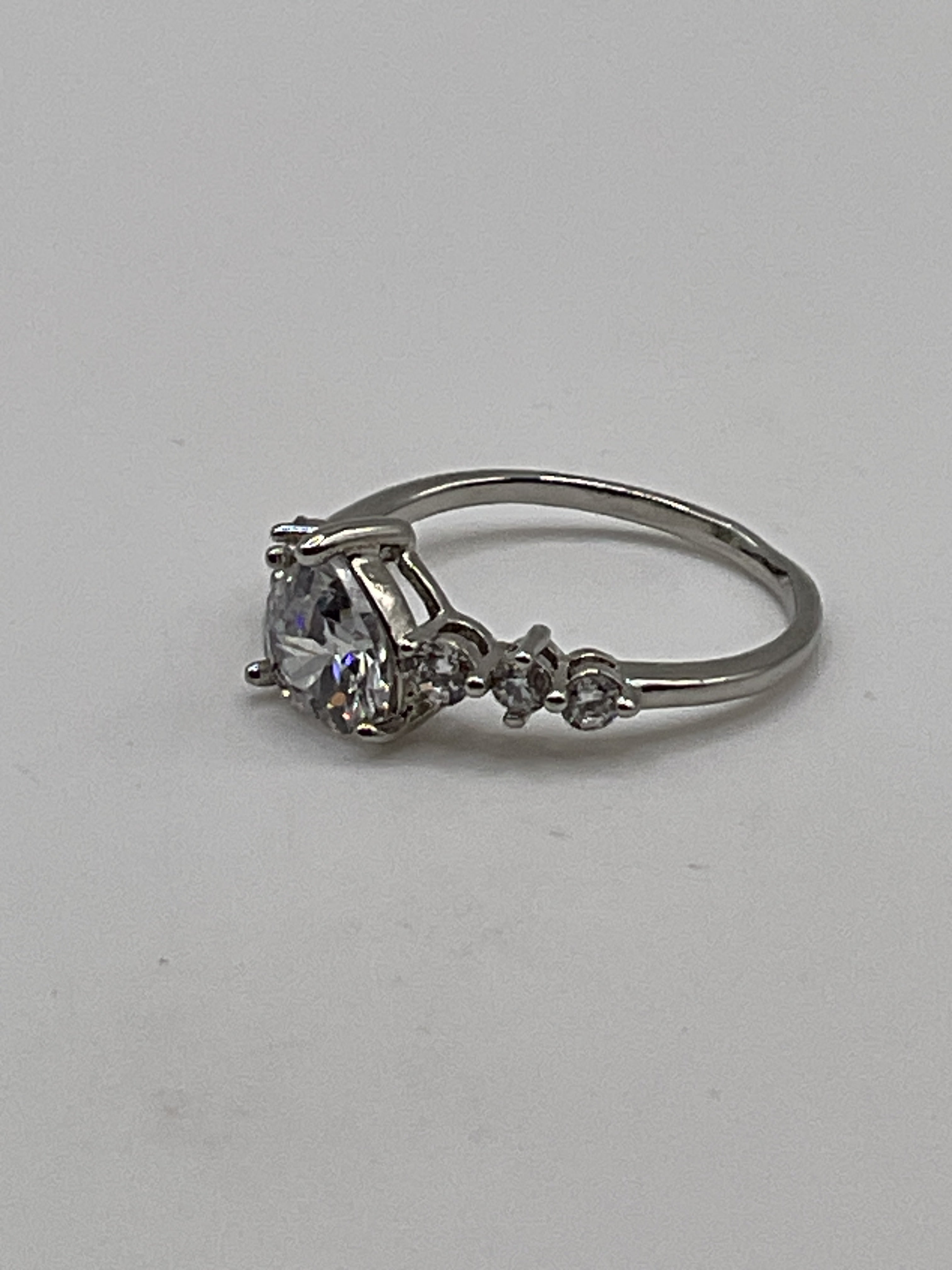 Pear Cut Halo Style Ring | Silver Tone Cubic Zirconia Engagement Style Ring - Estate Sale (Great Condition)